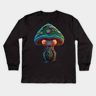 magical toadstool mushroom character sleepy face Kids Long Sleeve T-Shirt